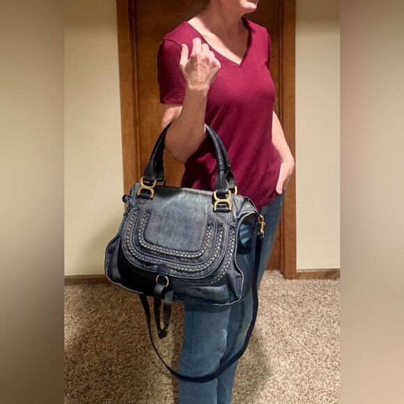 Auth Chloe Dark Blue Denim & Leather Medium Marcie Double Satchel Preloved - Picture 15 of 15